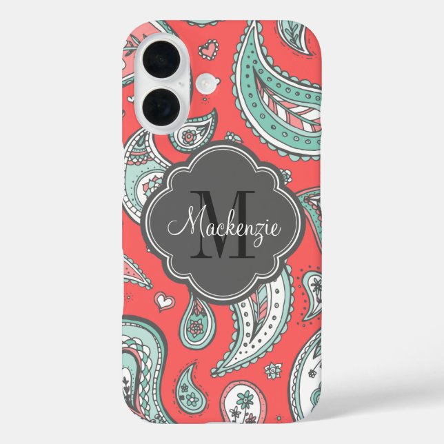 Coques Case-Mate iPhone Coral Bohemian Paisley Monogramme personnalisé (Verso)