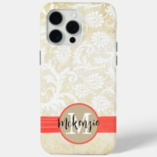 Coque iPhone 15 Pro Max Coral Faux Rhinstone Personnalisé Damask iPhone