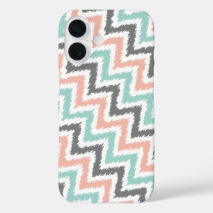 Coques iPhone 16 Coral Mint Linen Diagonal Zigzag Ikat Motif