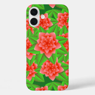 Coques iPhone 16 Plus Coral Orange Camellias et Feuilles verts