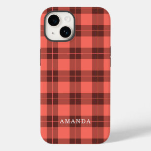 Coque Pour iPhone 14 Coral Orange Plaid Motif Nom personnalisé