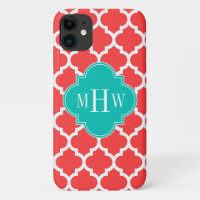Coral Red Wht Moroccan #5 Teal 3 Initial Monogram