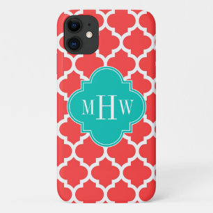 Case-Mate iPhone Case Coral Red Wht Moroccan #5 Teal 3 Initial Monogram