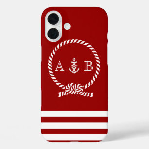 iPhone 16 Plus Case Corde marine rouge et Ancre Monogrammé