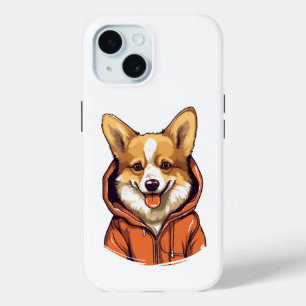 Coque Pour iPhone 15 Corgi Drôle Portant un Sweat à Capuche