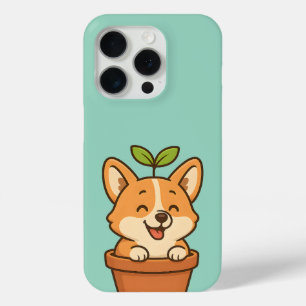 Coque iPhone 15 Pro Corgi mignonne en pot Plante - Kawai Pots de télép