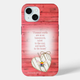 Coque Pour iPhone 15 Cottagecore Faux Bois Rouge Cœur Arc-en-Ciel Abeil