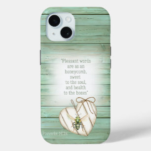 Coque Pour iPhone 15 Cottagecore Faux Bois Vert Cœur Abeille Verte Foi