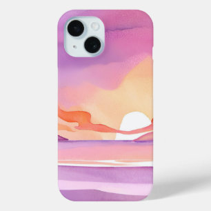 Coque Pour iPhone 15 Coucher de soleil aquarelle rose   Beau ciel océan
