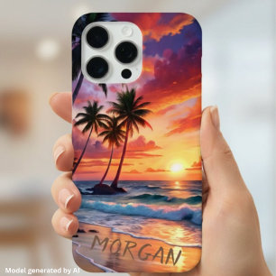 Coque iPhone 15 Pro Max Coucher de soleil personnalisé sur une plage tropi