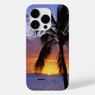 Coque Pour iPhone 14 Pro Coucher de soleil tropical avec palmier,