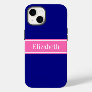 Coque Pour iPhone 14 Couleurs DIY Navy, Ruban Rose Chaud Monogramme S