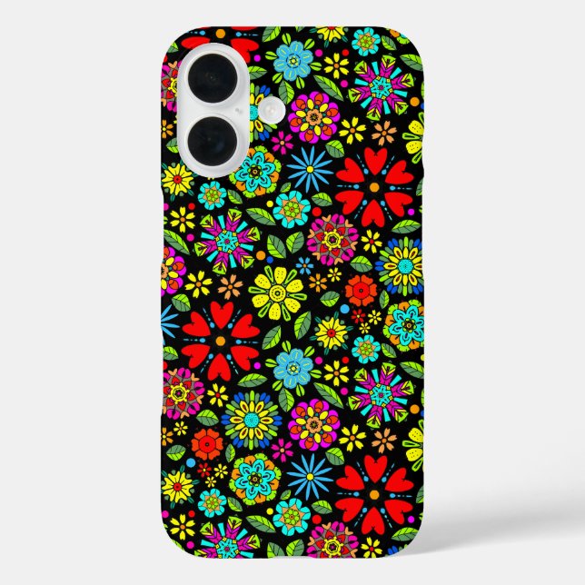 Coques Case-Mate iPhone Couleurs Néon Sur Noir Retro Floral Motif sans cou (Verso)