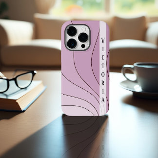Coque Pour iPhone 14 Pro Couleurs rose pâle Vagues rétro Nom personnel