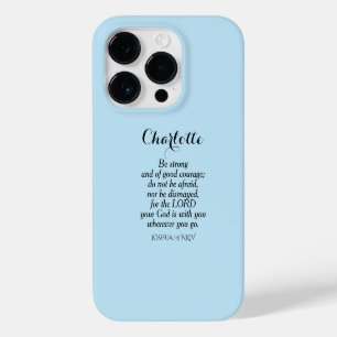 Coque Pour iPhone 14 Pro Courage bleu clair Bible Verset Nom personnalisé S