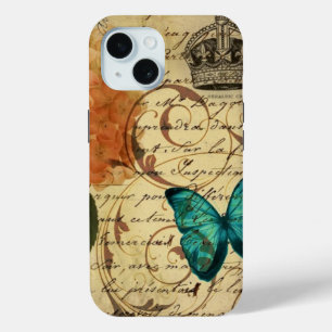 Coque Pour iPhone 15 couronne art botanique français papillon hydrangée