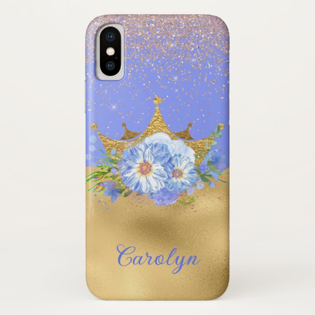Coques Case-Mate iPhone Couronne florale bleu chic et or (Dos)