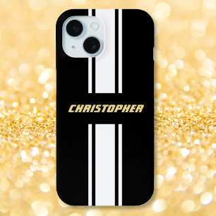 Coque Pour iPhone 15 Couture noir blanc rayures Or Monogramme