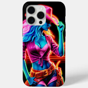 Coque iPhone 15 Pro Max Cowgirl chic et dynamique avec éclairage néon rétr