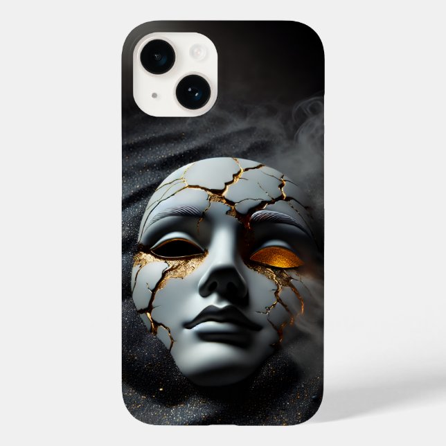 Coques Case-Mate iPhone Cracked Porcelain Mask Dark Luxury iPhone 14 Case (Verso)