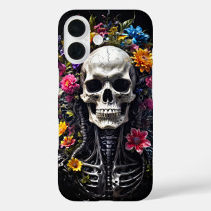 Coque Pour iPhone 16 Crâne à fleurs sur couverture noire