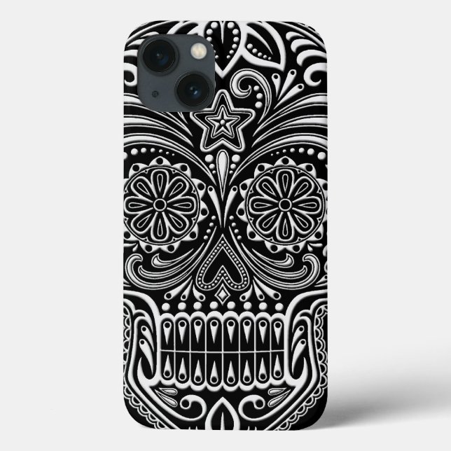 Coques Case-Mate iPhone Crâne à sucre blanc et noir complexe (Verso)