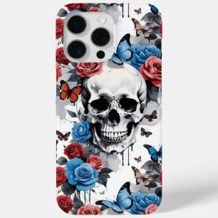 Coque iPhone 15 Pro Max Crâne avec Roses et papillons Peinture séchée