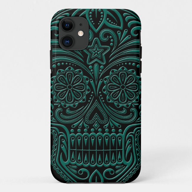 Coques Case-Mate iPhone Crâne bleu turquoise complexe de sucre sur le noir (Dos)