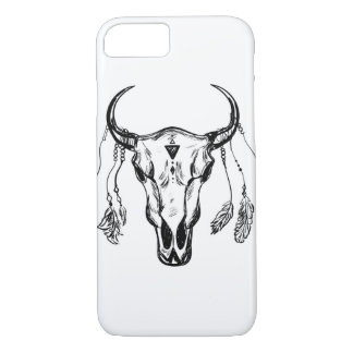 Coque iPhone 8/7 Crâne de Buffalo avec des plumes. Croquis tiré par