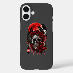 Coques iPhone 16 Plus Crâne de corbeau gothique sombre avec roses cramoi