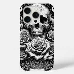 Coque iPhone 15 Pro Crâne de squelette à pentacle et roses - Art de ta