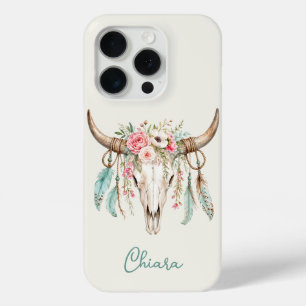 Coque iPhone 15 Pro Crâne de vache floral aquarelle Boho