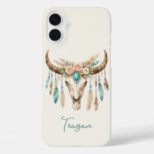 Coques iPhone 16 Plus Crâne de vache floral aquarelle Boho Chic