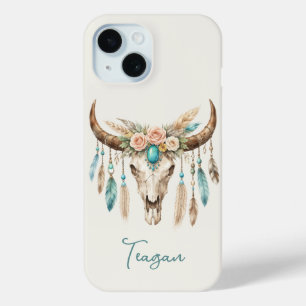 Coque Pour iPhone 15 Crâne de vache floral aquarelle Boho Chic