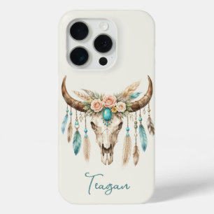 Coque iPhone 15 Pro Crâne de vache floral aquarelle Boho Chic