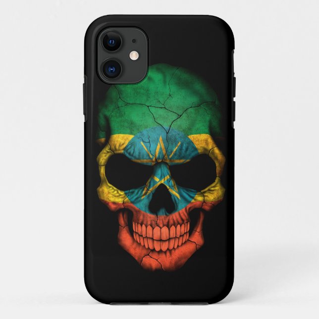 Coques Case-Mate iPhone Crâne éthiopien de drapeau sur le noir (Dos)