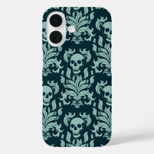 Coque Pour iPhone 16 Crâne flamme Damas en vert menthe sur bleu profond