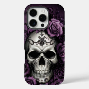 Coques iPhone 16 Pro Crâne gothique avec Roses violets