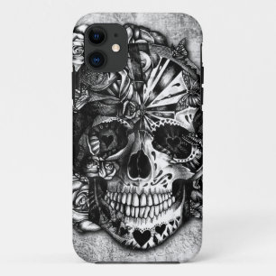 Coque iPhone 11 Crâne grunge de sucre de sucrerie en noir et
