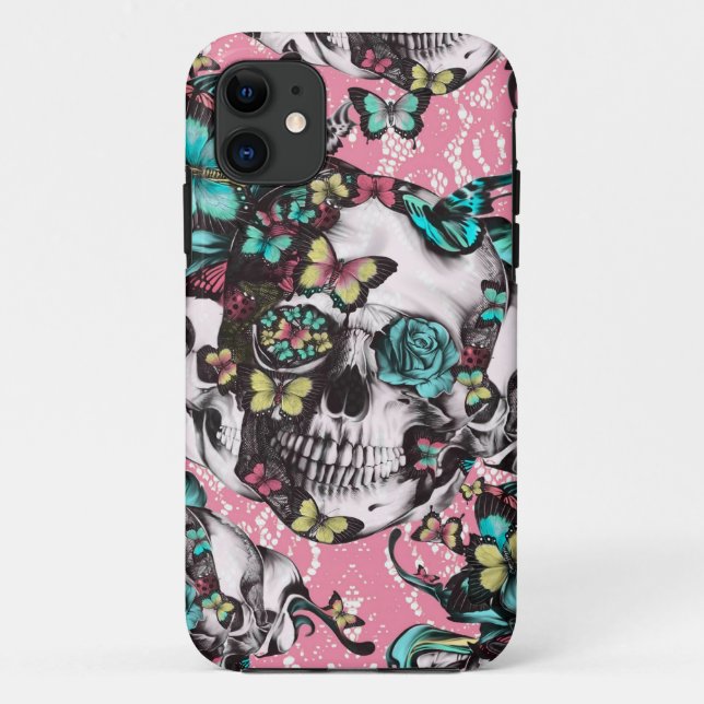 Coques Case-Mate iPhone Crâne rose floral avec des papillons (Dos)