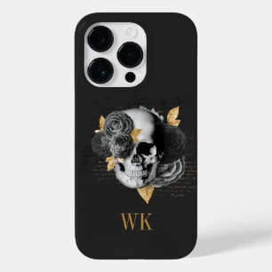 Coque Pour iPhone 14 Pro Crâne vintage gothique noir et or floral