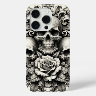Coque iPhone 15 Pro Crânes et Roses Vintage