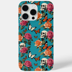 Coque iPhone 15 Pro Max Crânes Roses et papillons Vintage Floral Turquoise