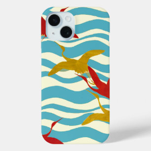 COQUE POUR iPhone 15 CRANES ROUGES JAUNES VOLANT SUR DES VAGUES BLANCHE