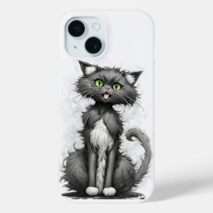 Coque Pour iPhone 15 Crazy Chat Sur Blanc