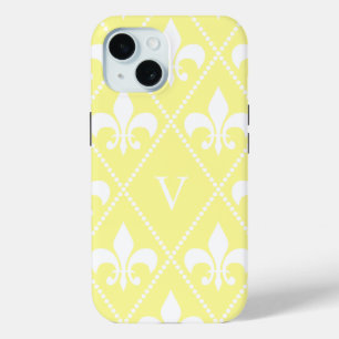 Coque Pour iPhone 15 Crème Fleur de Lis avec monogramme