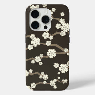 Coque iPhone 15 Pro Crème Sakura Fleurs Orientales Cerise Sur Brown