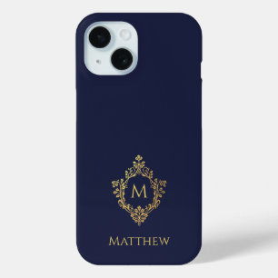Coque Pour iPhone 15 Crest Navy Blue Gold Monogramme Nom Vintage