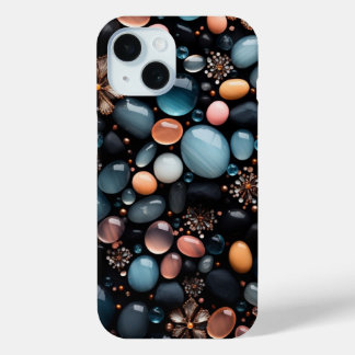 Coque Pour iPhone 15 Cristaux Sombres de Luxe et Fleurs Dorées Esthétiq