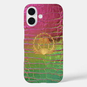 Coque Pour iPhone 16 Croc Monogramme Iridescent Rose Vert Élégant